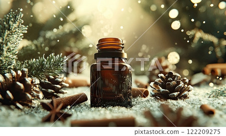 Amber glass bottle surrounded by pinecones, cinnamon sticks,snow, with festive, wintery atmosphere. 122209275