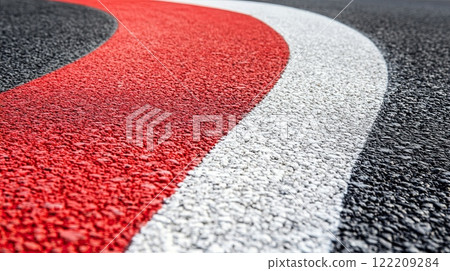 racing track curb with red and white stripes on textured asphalt, symbolizing speed and precision. 122209284