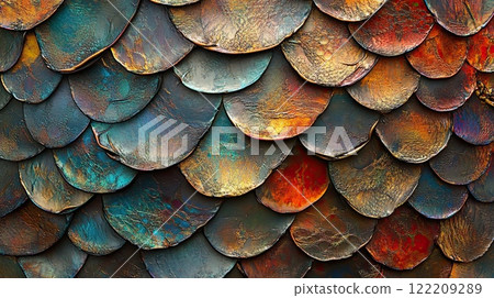 iridescent, overlapping metallic scales in vibrant colors, creating a textured, shimmering surface. 122209289