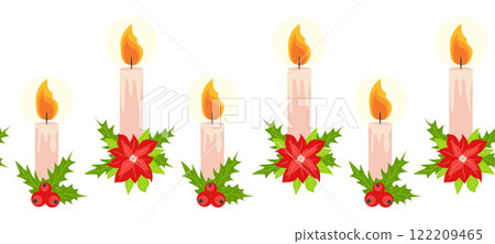 Merry Christmas seamless horizontal banner with candles, gnomes, Christmas wreath, snowman, mittens, cocoa mug 122209465