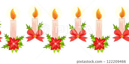 Merry Christmas seamless horizontal banner with candles, gnomes, Christmas wreath, snowman, mittens, cocoa mug 122209466