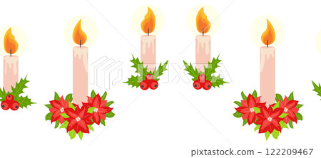 Merry Christmas seamless horizontal banner with candles, gnomes, Christmas wreath, snowman, mittens, cocoa mug Merry Christmas seamless horizontal banner with candles, gnomes, Christmas wreath, snowman, mittens, cocoa mug 122209467