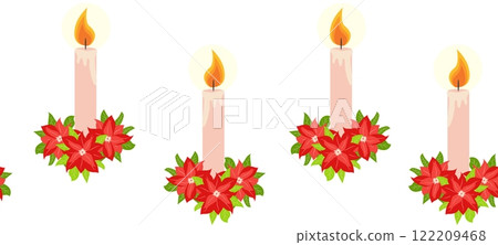 Merry Christmas seamless horizontal banner with candles, gnomes, Christmas wreath, snowman, mittens, cocoa mug Merry Christmas seamless horizontal banner with candles, gnomes, Christmas wreath, snowman, mittens, cocoa mug 122209468