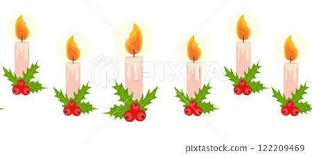 Merry Christmas seamless horizontal banner with candles, gnomes, Christmas wreath, snowman, mittens, cocoa mug Merry Christmas seamless horizontal banner with candles, gnomes, Christmas wreath, snowman, mittens, cocoa mug 122209469