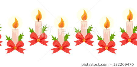Merry Christmas seamless horizontal banner with candles, gnomes, Christmas wreath, snowman, mittens, cocoa mug Merry Christmas seamless horizontal banner with candles, gnomes, Christmas wreath, snowman, mittens, cocoa mug 122209470