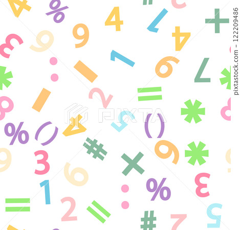 Colorful numbers, math symbols and formulas seamless pattern. Kindergarten, school, classroom and playroom 122209486