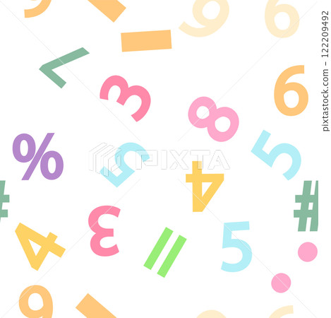 Colorful numbers, math symbols and formulas seamless pattern. Kindergarten, school, classroom and playroom 122209492