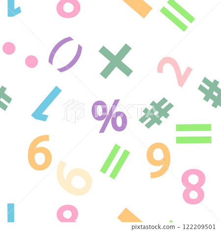 Colorful numbers, math symbols and formulas seamless pattern. Kindergarten, school, classroom and playroom 122209501