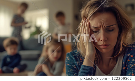 Stressed Mother Overwhelmed with Household Chaos 122209562