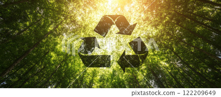 Recycling symbol over green forest with sunlight 122209649
