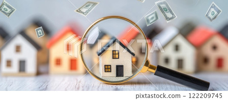 Focused house under magnifying glass with multiple homes in background. 122209745