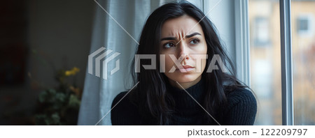 Unhappy young woman sitting near the window 122209797