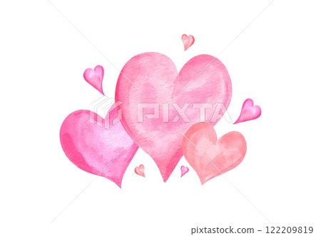 Watercolor pink red hearts illustration isolated background. Romantic delicate decorative composition for women day package design, Valentine day greeting card, wedding invitation 122209819