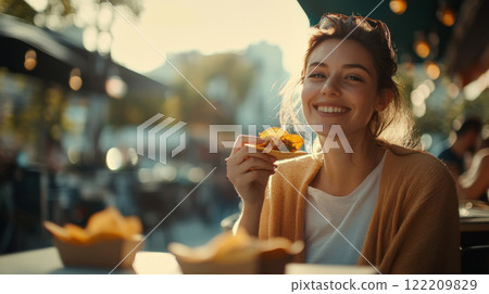 Cheerful Woman Snacking on Nachos at a Sunny Patio 122209829