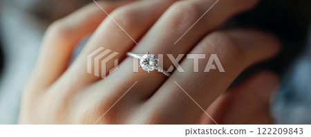 Close-Up of Elegant Diamond Solitaire Ring on Finger Close-Up of Elegant Diamond Solitaire Ring on Finger 122209843
