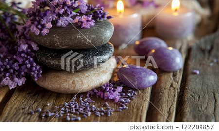 Relaxing Spa Scene with Lavender and Stones 122209857