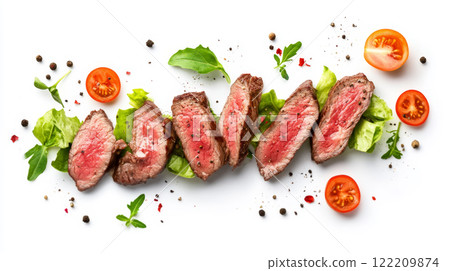 Grilled Beef Steak on Fresh Salad with Vegetables 122209874