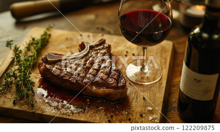 Grilled T-Bone Steak with Red Wine on Wooden Board 122209875