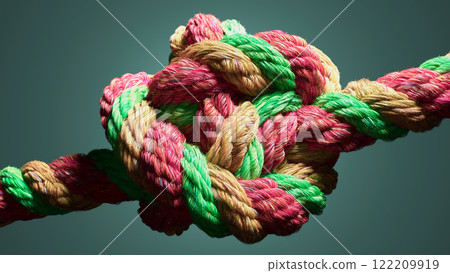 Vibrant Tangles: A Colorful Knot of Pink, Green, and Yellow Rope Vibrant Tangles: A Colorful Knot of Pink, Green, and Yellow Rope 122209919