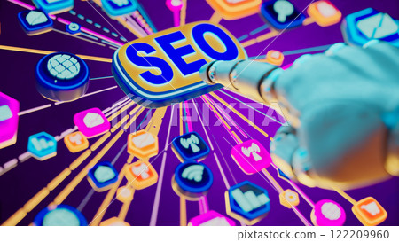 Robotic Hand Targeting SEO Button Amidst Vibrant Digital Icons 122209960