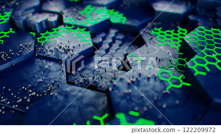 Futuristic Hexagonal Landscape with Neon Green Details 122209972