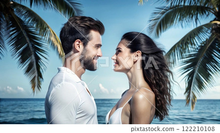 Happy Romantic Middle Aged Couple Enjoying Beautiful Sunset Travel  122210108