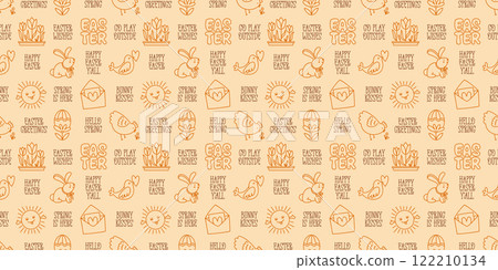 Easter hand-drawn color monochrome doodle and lettering seamless pattern Easter hand-drawn color monochrome doodle and lettering seamless pattern 122210134