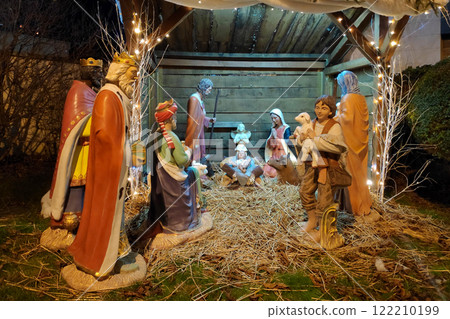 Christmas crib illuminated at night. Christmas crib illuminated at night. 122210199