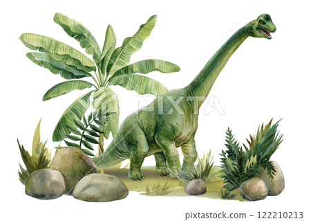Realistic dinosaur, prehistoric landscape. Brachiosaurus isolated, hand-painted dino, vintage watercolor Dinosaurs  122210213