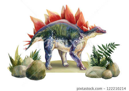 stegosaurus dinosaur illustration set isolated on background, hand-painted dino art vintage watercolor style. Dinosaurs  122210214