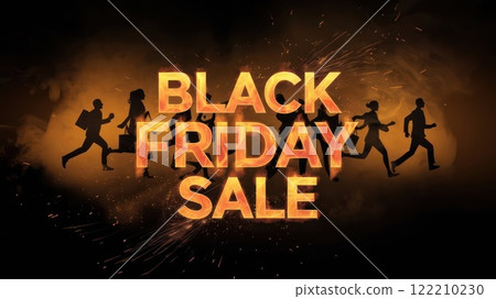 Black Friday Night Rush Excited Shoppers Running to Supermarket Sale in Darkness 122210230