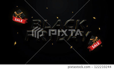 Black Friday Sale Extravaganza: Gift Boxes and Confetti Celebration. Festive Shopping Event with Colorful Ribbons and Glittering Promotional Display. Black Friday Sale Extravaganza: Gift Boxes and Confetti Celebration. Festive Shopping Event with Colorful Ribbons and Glittering Promotional Display. 122210244