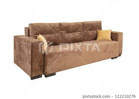 Brown sofa cushion made of velor fabric isolated on a white background. 122210276