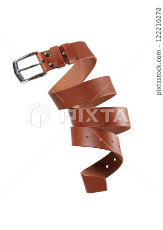 Brown leather belt twisted and isolated on a white background. 122210278