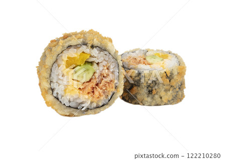 Sushi roll on a white background with Philadelphia cheese and salmon breaded with dried tuna. Sushi roll on a white background with Philadelphia cheese and salmon breaded with dried tuna. 122210280
