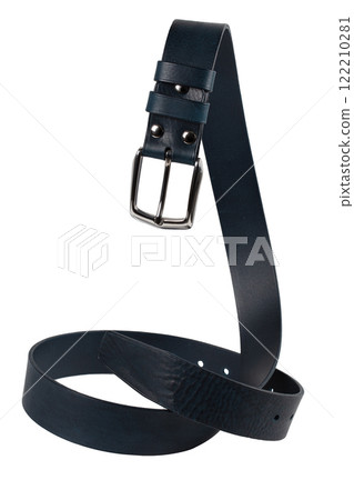 The blue leather belt with a metal buckle is beautifully curved and isolated on a white background. 122210281