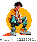 Japanese sigma boy in big orange cool teen sneakers on transparency (anime, transparent png) 122210311