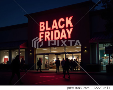 Nighttime Shopping Frenzy Customers Entering Supermarket During Black Friday Sale with Neon Sign 122210314
