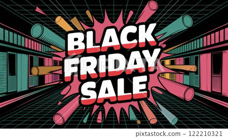 Black Friday Sale Text Illuminates Dark Background for Shopping Extravaganza. Neon Promotional Banner Announces Massive Discounts and Holiday Deals for Retail Therapy. 122210321