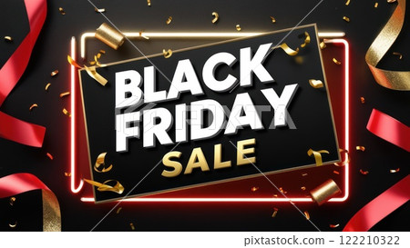 Black Friday Sale Text Illuminates Dark Background for Shopping Extravaganza. Neon Promotional Banner Announces Massive Discounts and Holiday Deals for Retail Therapy. 122210322