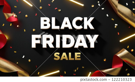 Black Friday Sale Text Illuminates Dark Background for Shopping Extravaganza. Neon Promotional Banner Announces Massive Discounts and Holiday Deals for Retail Therapy. 122210323
