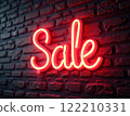 Glowing Neon SALE Sign in Supermarket Bright Red Light Illuminating Shopping Aisles at Night 122210331