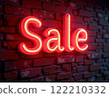 Glowing Neon SALE Sign in Supermarket Bright Red Light Illuminating Shopping Aisles at Night 122210332