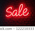 Glowing Neon SALE Sign in Supermarket Bright Red Light Illuminating Shopping Aisles at Night 122210333