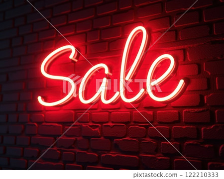 Glowing Neon SALE Sign in Supermarket Bright Red Light Illuminating Shopping Aisles at Night Glowing Neon SALE Sign in Supermarket Bright Red Light Illuminating Shopping Aisles at Night 122210333