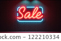 Glowing Neon SALE Sign in Supermarket Bright Red Light Illuminating Shopping Aisles at Night 122210334