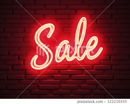Glowing Neon SALE Sign in Supermarket Bright Red Light Illuminating Shopping Aisles at Night 122210335