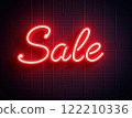 Glowing Neon SALE Sign in Supermarket Bright Red Light Illuminating Shopping Aisles at Night 122210336