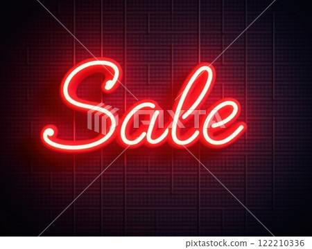 Glowing Neon SALE Sign in Supermarket Bright Red Light Illuminating Shopping Aisles at Night 122210336