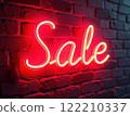 Glowing Neon SALE Sign in Supermarket Bright Red Light Illuminating Shopping Aisles at Night 122210337